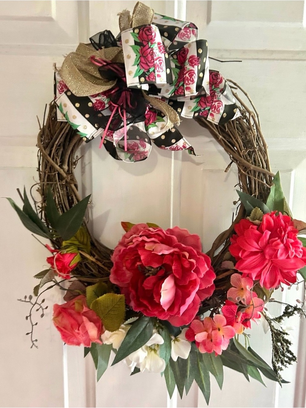 Floral Pink Peony Holiday Grapevine Wreath - Home Holiday